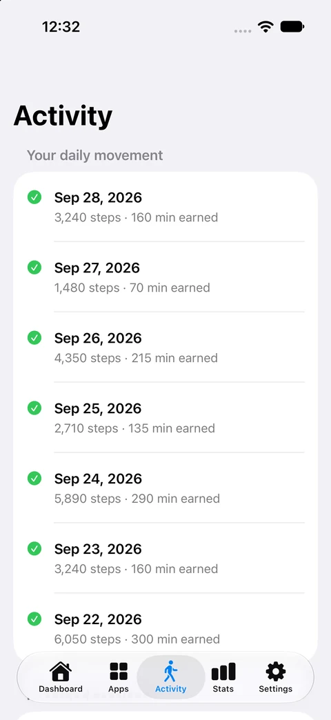 FeedFare Activity screen showing example daily steps and earned minutes.