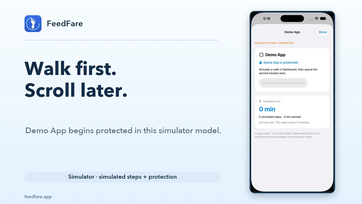 FeedFare simulator example with a Demo App shown protected and zero simulated steps.